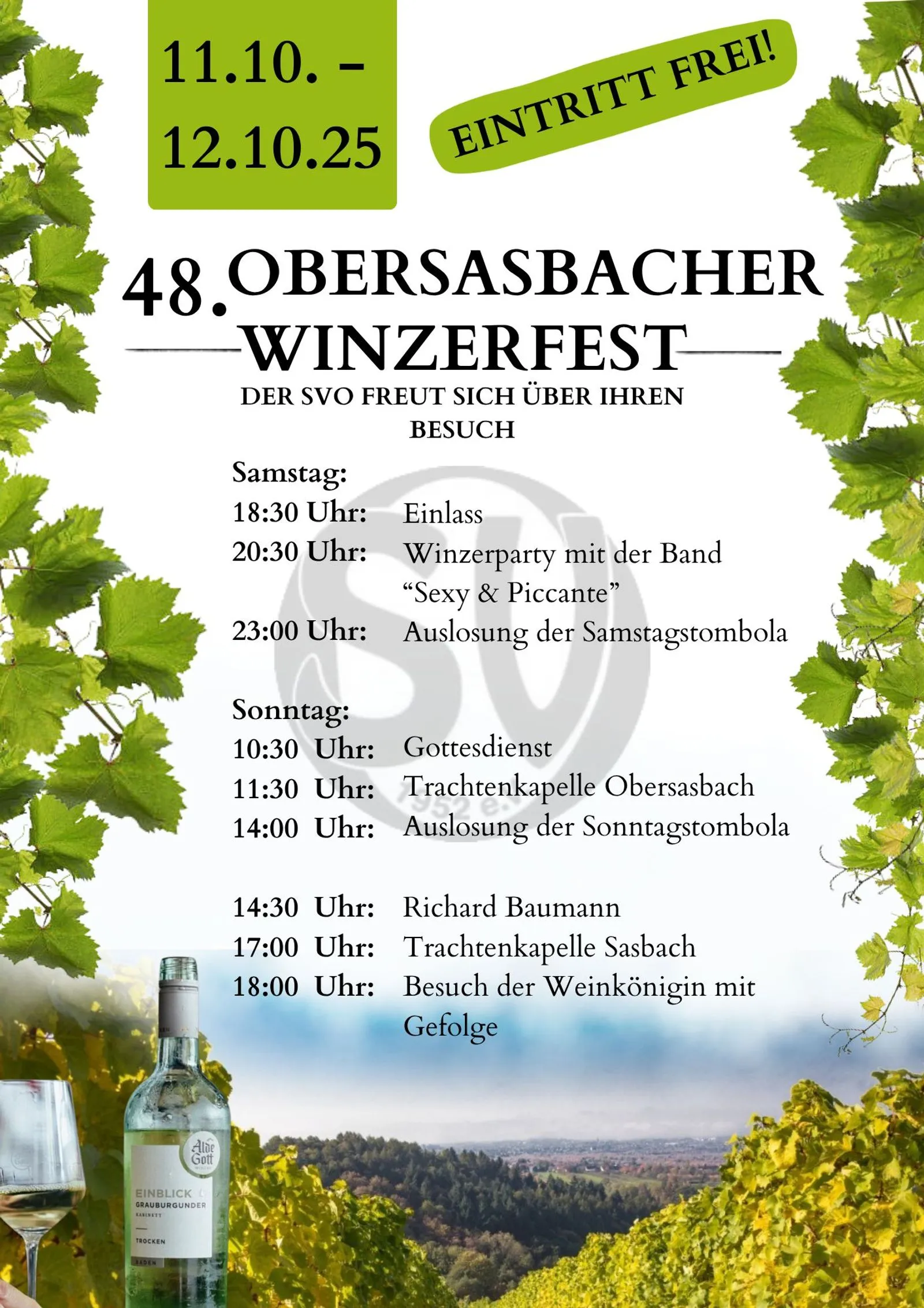 Ankündigungsflyer zum 48. Obersasbacher Winzerfest am 11. und 12. Oktober 2025, Grindehalle Obersasbach