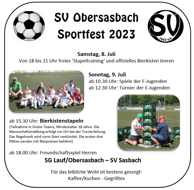 Ankündigungsflyer zum Sportfest 2023 mit Programm und Fotos vom Bierkistenstapeln