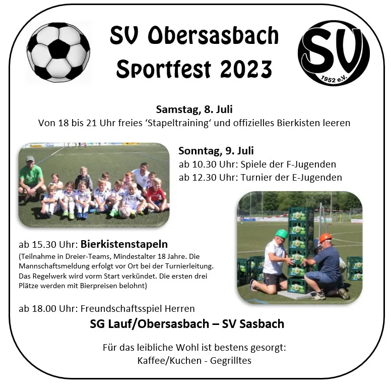 Ankündigungsflyer zum Sportfest 2023 mit Programm und Fotos vom Bierkistenstapeln