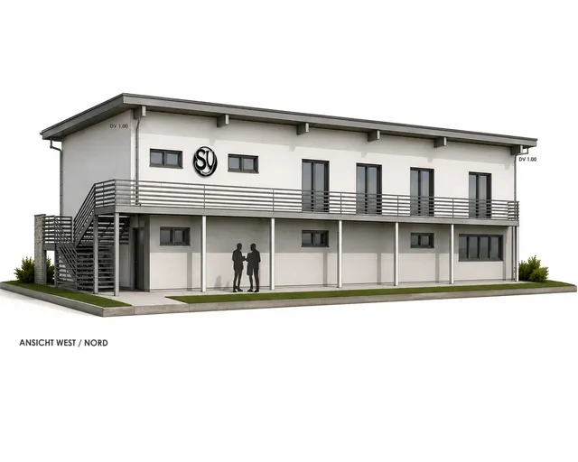 Ansicht des geplanten neuen Clubhauses: zweigeschossiger Bau mit umlaufendem Balkon und Vereinswappen an der Fassade