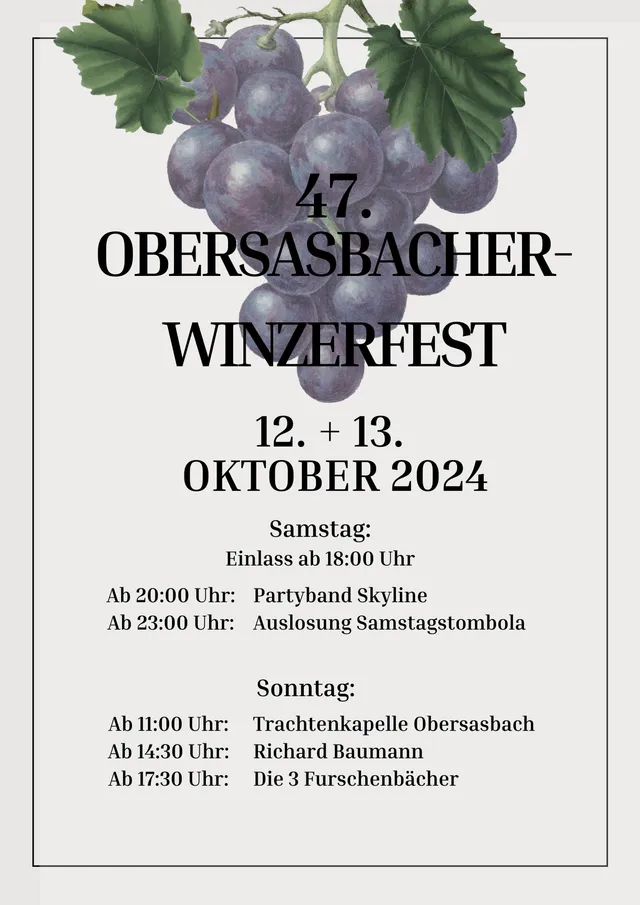 Ankündigungsflyer zum 47. Obersasbacher Winzerfest am 12. und 13. Oktober 2024