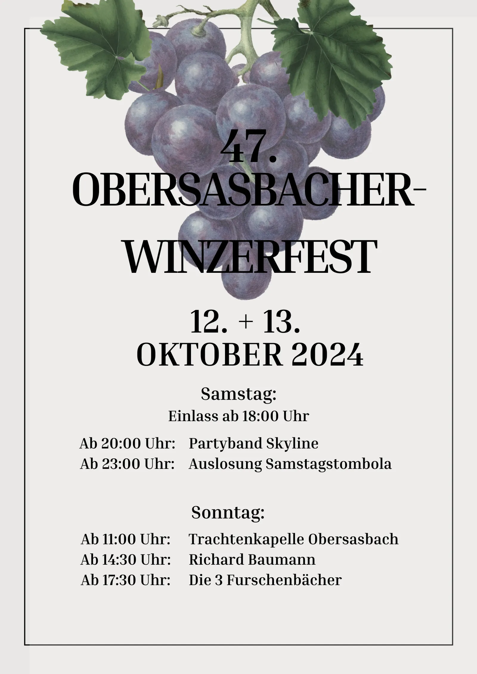 Ankündigungsflyer zum 47. Obersasbacher Winzerfest am 12. und 13. Oktober 2024